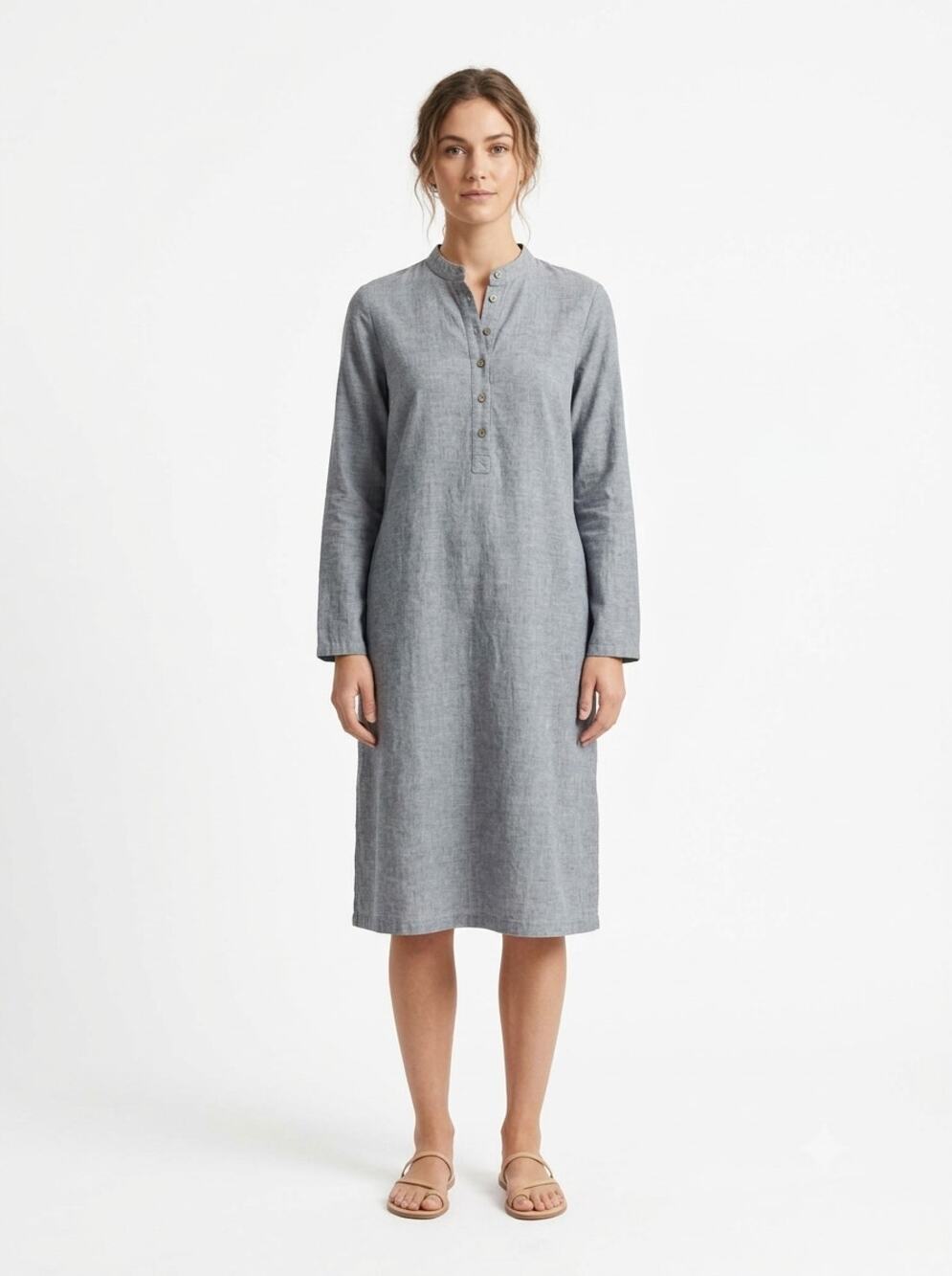 Lintico Midi Tunic Dress Womens S Gray Long Sleeve Henley Button Front Side Slit